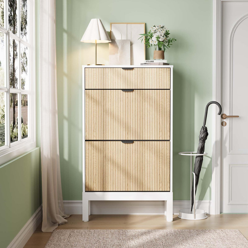 Fluted Shoe Cabinet with 2 Flip Doors & Drawer, Slim Hidden Shoe Storage with Iron Legs for Entryway, White & Oak