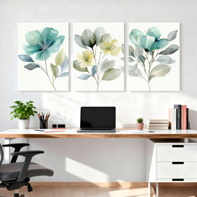 Aquarelle sur toile, ensemble de 3 reproductions botaniques modernes bleu sarcelle et jaune pour salon, chambre à coucher ou décor à la maison