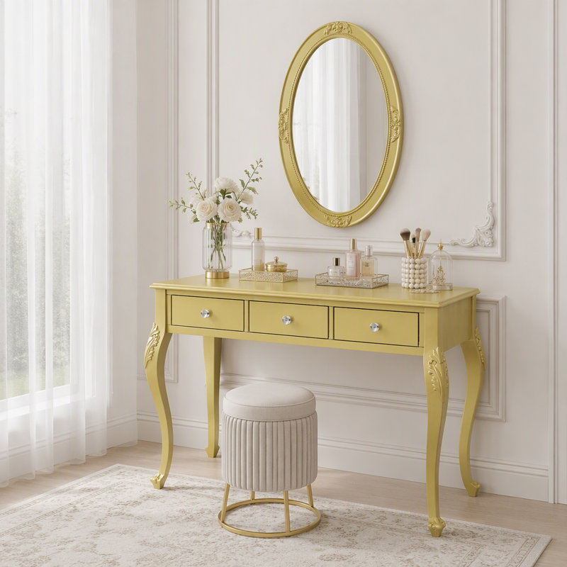 Coiffeuse de luxe avec miroir ovale et plateau à bijoux en velours, Doré