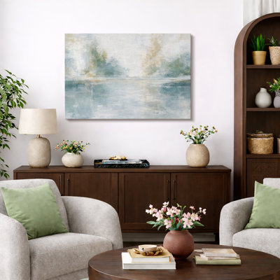 Œuvre abstraite douce bleu vert lac, images de salon serein, impression sur toile encadrée