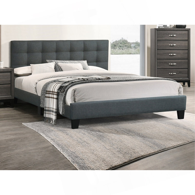 Mobilier de chambre à coucher moderne avec lit capitonné en polyfibre 1pc, Gris anthracite, Grand lit