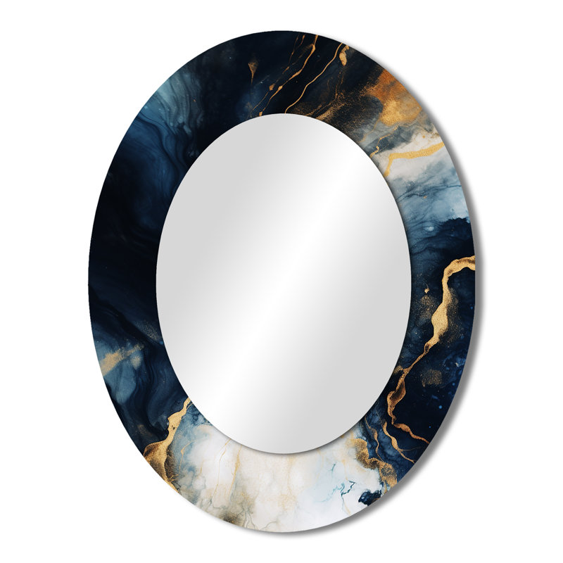 Gold And Blue Abstract Marble Paint II - Gold Modern Oval Wall Mirror, 43" x 33"