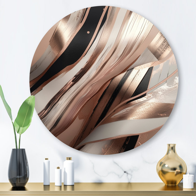 Rosegold embrassant l'essence des lignes I - art abstrait rond en marbre sur métal, H 29 po x l 29 po x P 1 po