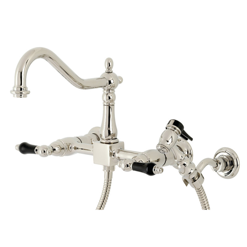 Kingston Brass Duchess Double-Handle Wall-Mount Bridge Kitchen Faucet, With Side Spray, Polished Nickel