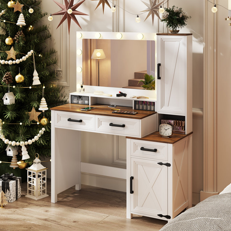 Modern Makeup Vanity Desk With 3-colour Led Mirror And Motion Sensor, White