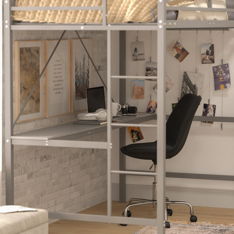 Metal Loft Bed Frame with Desk, Protective Guard Rails and Ladder, Gray