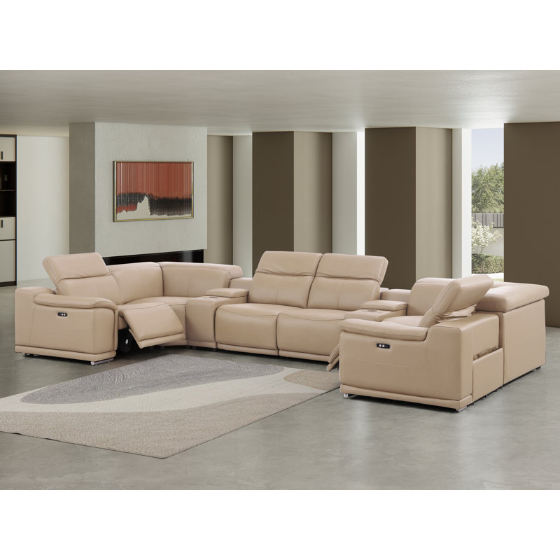8-Piece U-Shaped Power Reclining Sectional In Genuine Leather – 2 Recliners, Beige Top Grain Leather
