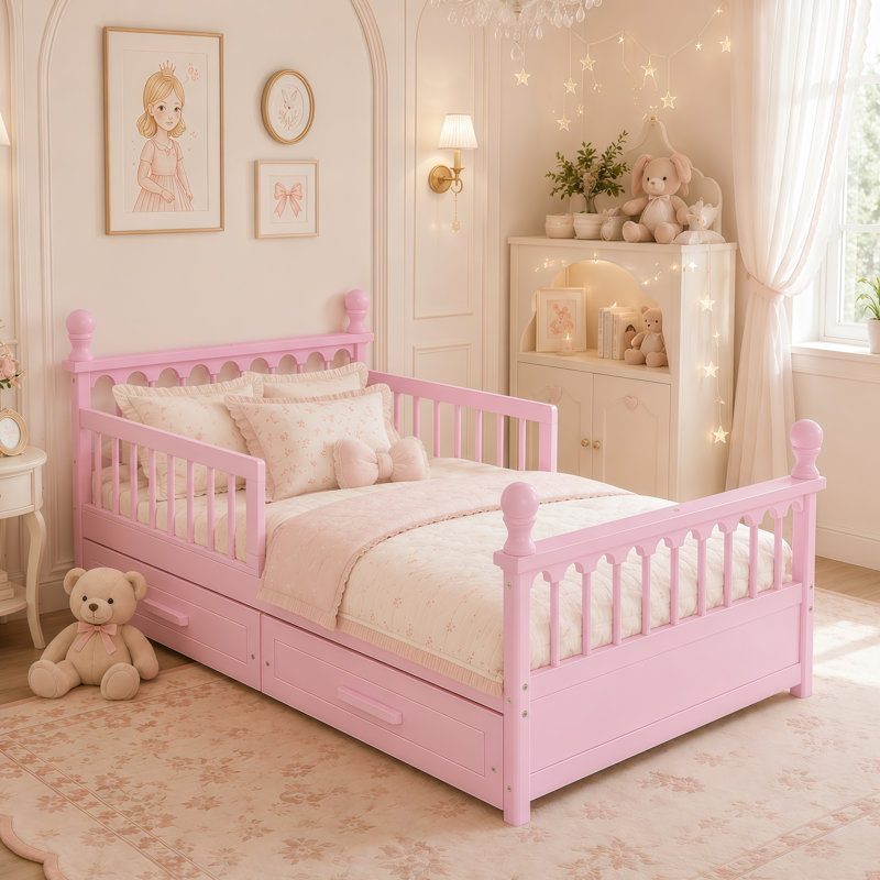Cadre de lit enfant une place avec 2 tiroirs de rangement, lit plateforme en bois avec barrières de sécurité, design bas, sommier à lattes robuste, aucun sommier à tapissier nécessaire