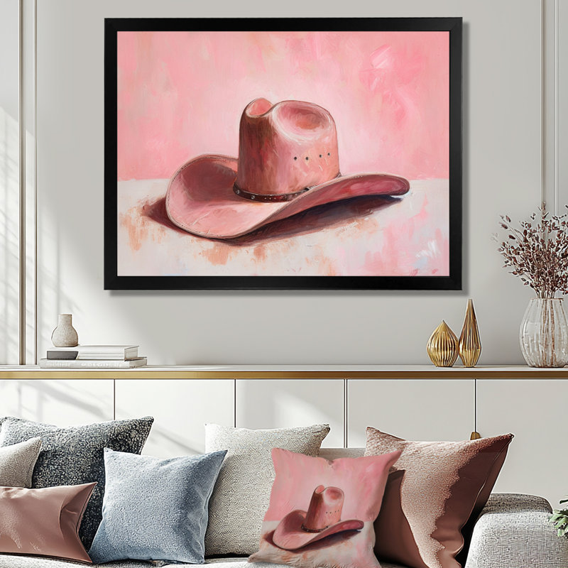 Chapeau de cow-boy minimaliste rose, H 12 po x l 20 po x P 1 po, Toile encadrée noire simple