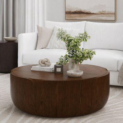 Table basse d'intérieur ronde 35,63 ", table basse centrale à grain de bois moderne, robuste MGO (oxyde de magnésium) imperméable, table sans assemblage pour patio, jardin, cour arrière, salon (brun)
