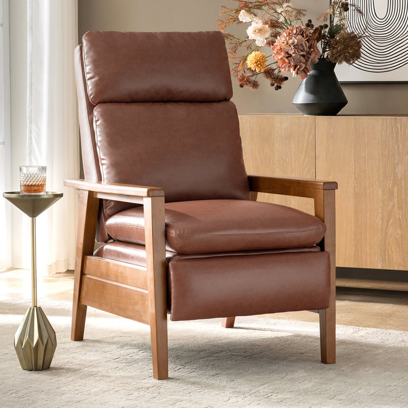 Honorato Mid-Century Modern Vegan Leather Recliner with Solid Wood Frame, Brown Faux Leather