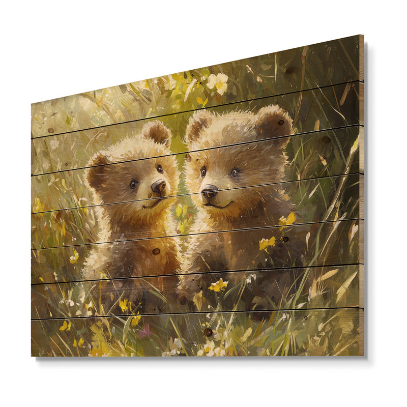 Oursons jouant dans la prairie - Impression sur bois d'ours - sur bois de pin naturel, H 30 po x l 40 po x P 0,78 po