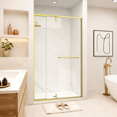42"-48" W x 72" H Pivot Aluminum Framed Shower Door in Brushed Gold with 1/4" Clear Tempered Glass, Length Adjustable
