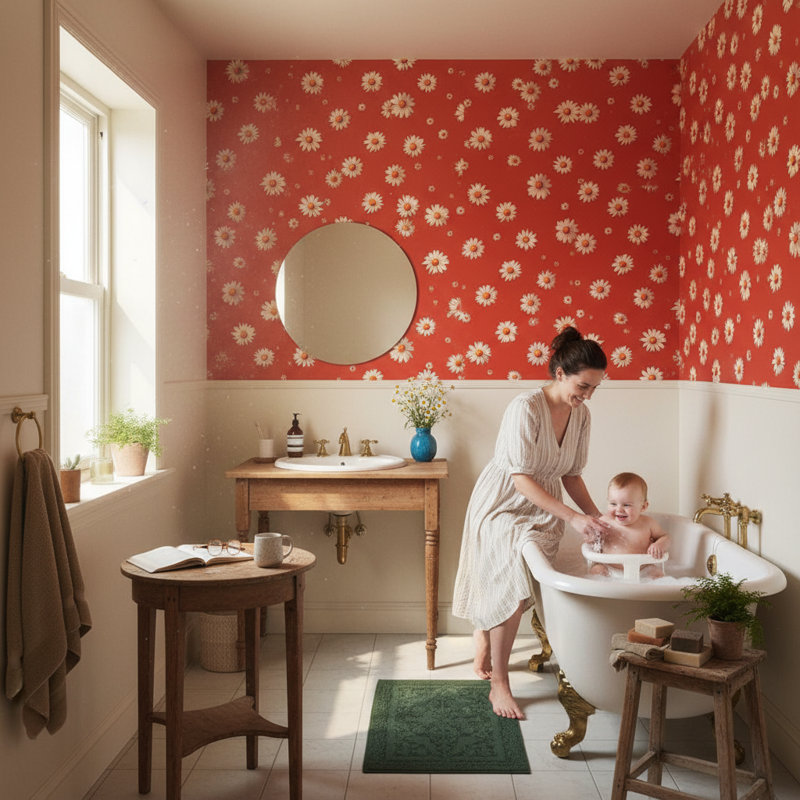 Papier peint floral avec décorations murales amovibles rouges