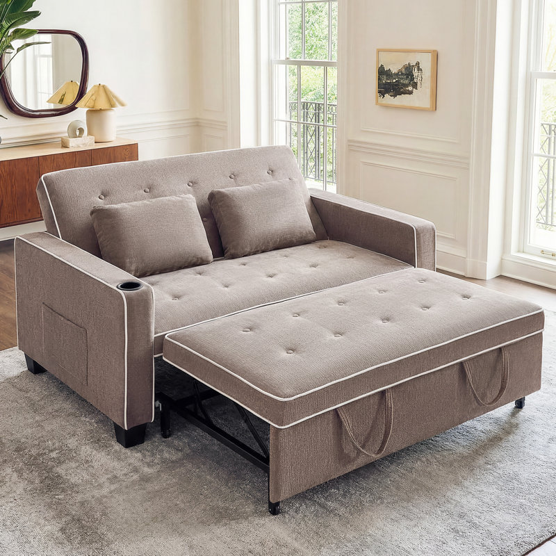 64.8" Full Square Arm Tufted Back Convertible Sleeper Sofa with Cushions and Cup Holder, Cream