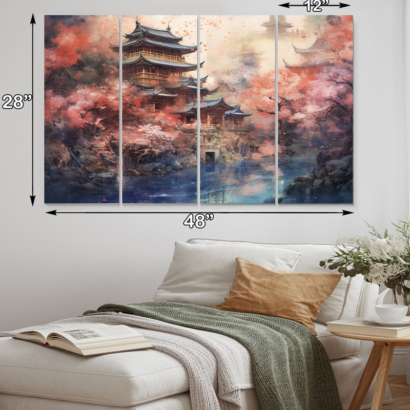 Paysage japonais du soleil levant V sur toile, 4 pièces