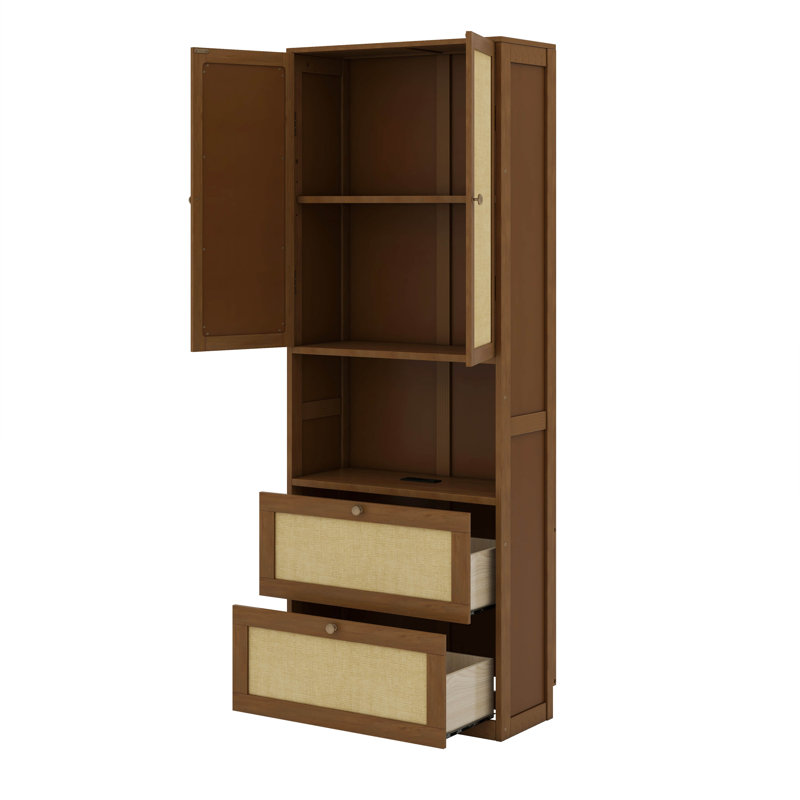 Lit escamotable double en bois avec rotin, Noyer
