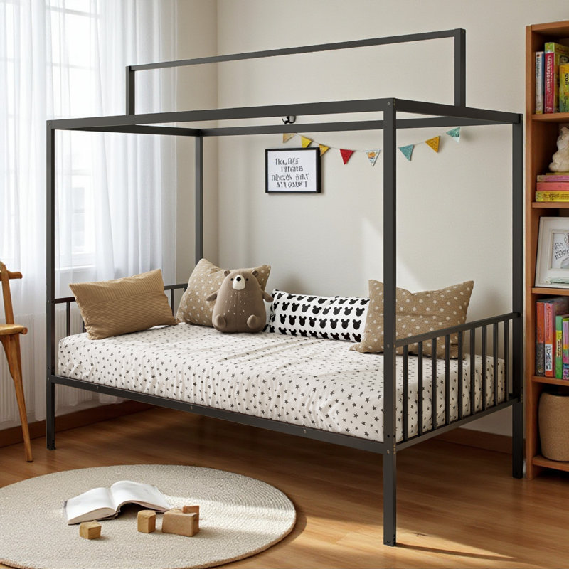 Metal Canopy Bed With Removable Fence, Twin, Black