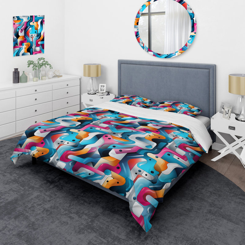 Ensemble de housse de couette géométrique bleu et mauve, Housse de couette pour très grand lit et 2 très