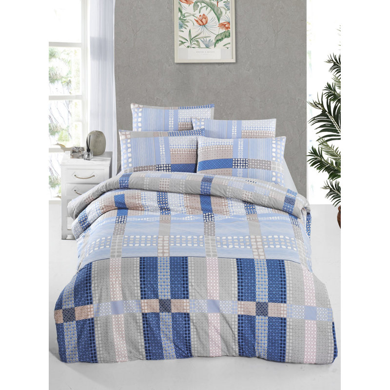 100% Cotton Ranforce Single Quilt Cover Set, Blue & Brown, 63 x 87 Duvet Cover, 63 x 94 Flat Sheet, 20 x 28 Pillowcase | 145 Thread Count, Button Closure, Machine Washable | Stylish & Cozy Bedding Set