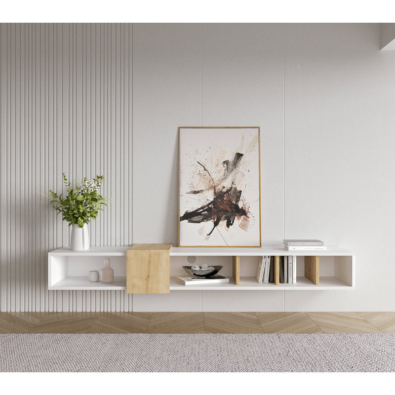 Draylee 71" Wall Mounted Floating Entertainment Media, Wooden White-Oak