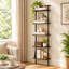 Mount this black 5-tier ladder shelf on a wall for open book and item storage. Standing 64.7" high, it assembles easily for home offices, bedrooms, or living rooms.