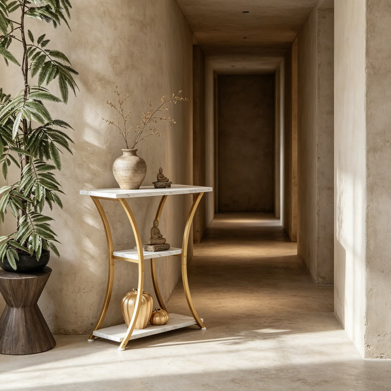 Console rustique à 3 niveaux avec tablettes ouvertes, table d'entrée étroite avec structure en métal incurvée, table de canapé mince pour le couloir du salon ou du vestibule, marbre blanc doré