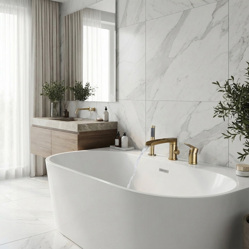 Robinet de baignoire à fixation sur plateau en laiton massif avec douche à main escamotable, Doré