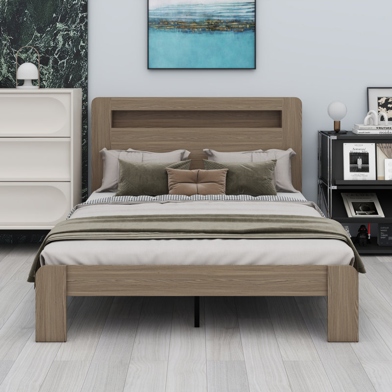 Base de lit plateforme avec tête de lit à DEL, ports USB et rangement spacieux sous le lit, Gris matinal, Grand lit