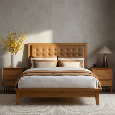 Aviannah Mid-Century Modern 78.5'' W Genuine Leather Solid Wood Platform Bed with Charging Ports