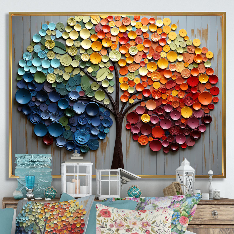 Art mural coloré arc-en-ciel coloré 4 saisons - Arbres, H 34 po x l 44 po x P 1,5 po, Cadre flottant doré