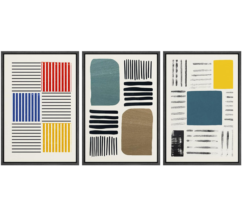 Abstract Vibrant Color Blocks Multicolor Geometric Artwork Framed Canvas 3 Pieces Print Wall Art, Black, 24" H x 48" W
