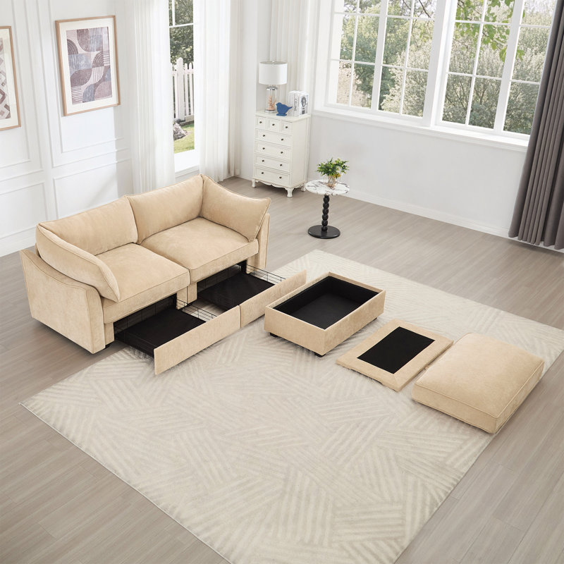 Canapé 2 places avec repose-pieds - Un canapé 2 places accompagné d'un repose-pieds de rangement mobile, d'accoudoirs en forme de croissant et de coussins de dossier et d'accoudoirs enveloppants, tissu en chenille