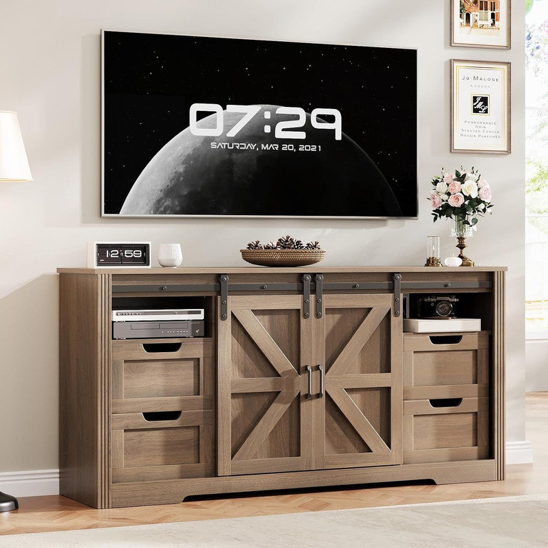 66" Farmhouse TV Stand for Up to 70 Inch TV, 32" Tall Entertainment Center with 4 Drawers & 2 Sliding Barn Doors, Brown