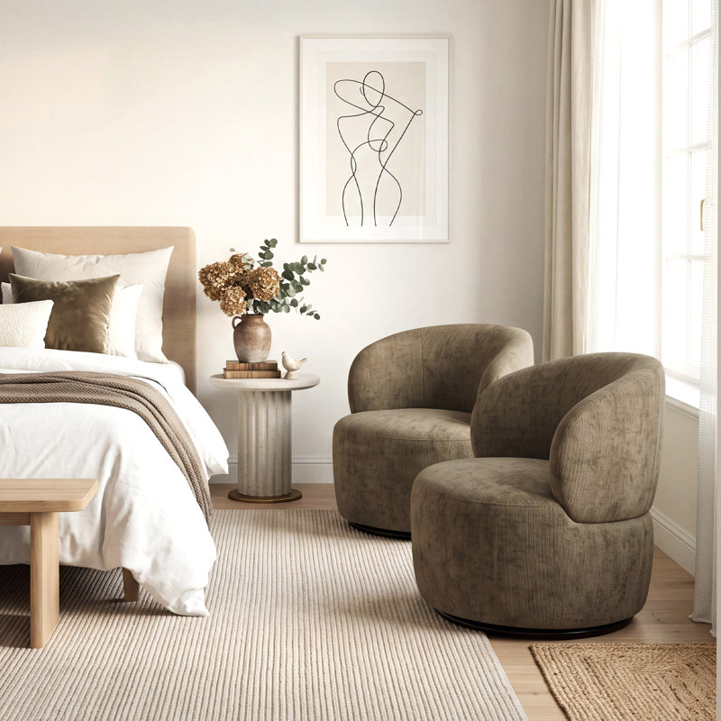 Fauteuil pivotant d'appoint en forme de tonneau, recouvert de chenille, 72 cm de large, Brun