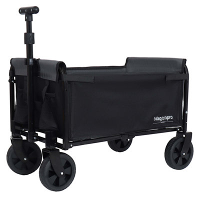 Chariot de camping pliable tout-en-un avec banquette, compartiment de rangement et attache pour chien intégrée pour une utilisation polyvalente à l'extérieur.