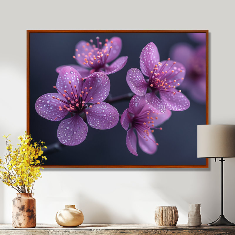  «Purple Cherry Blossom Essence - Art mural fleur de cerisier, Toile avec cadre flottant brun, H 24 po x l 32 po x P 1 po