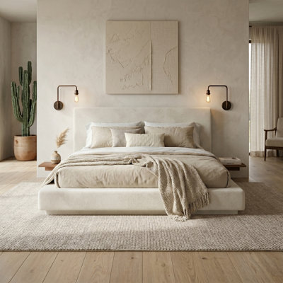Queen Upholstered Platform Bed With Floating Effect And 2 Adjustable Sliding Side Tables, Modern Cloud Bed Frame, Off-White