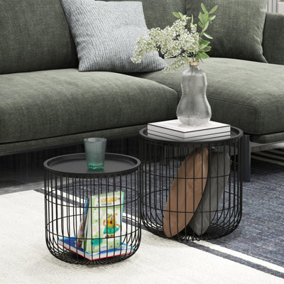 Tables basses gigognes, ensemble de 2 tables basses rondes avec panier en acier