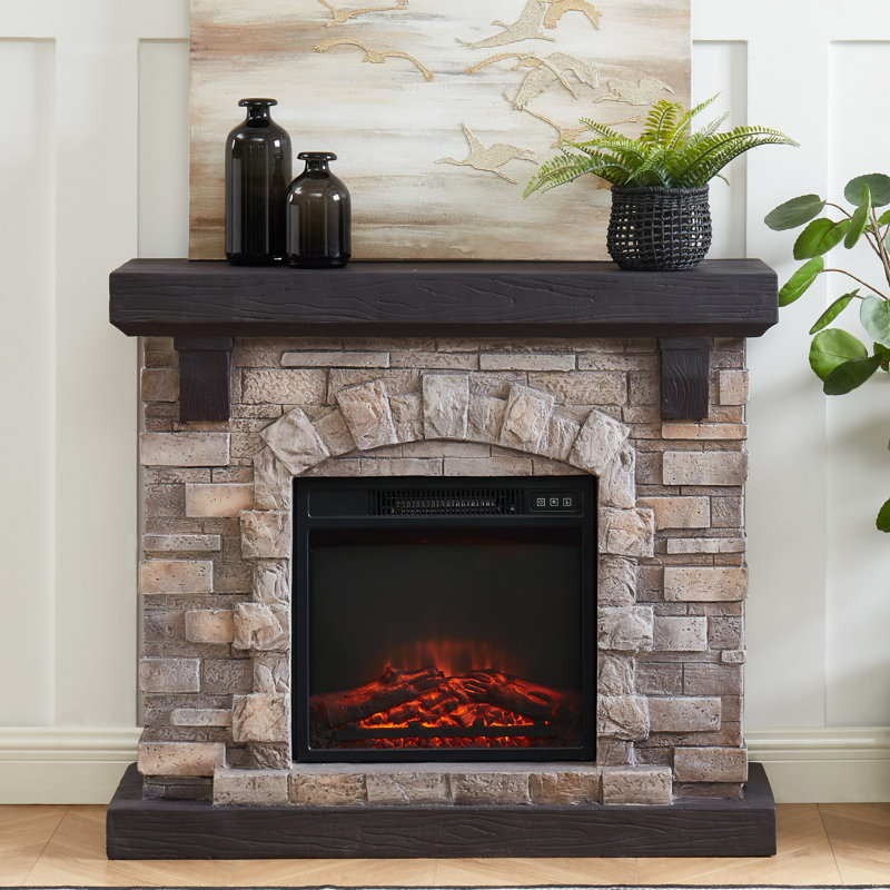 40'’ Electric Fireplace With Faux Stone Mantle, Tan, 35" H x 40" W x 11.5" D