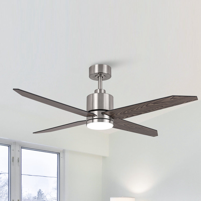 Dricketts 52" 4 - Blade Ceiling Fan with Dimmable 3CCT LED Lights and Remote Control, Satin Nickel with Brown Blades