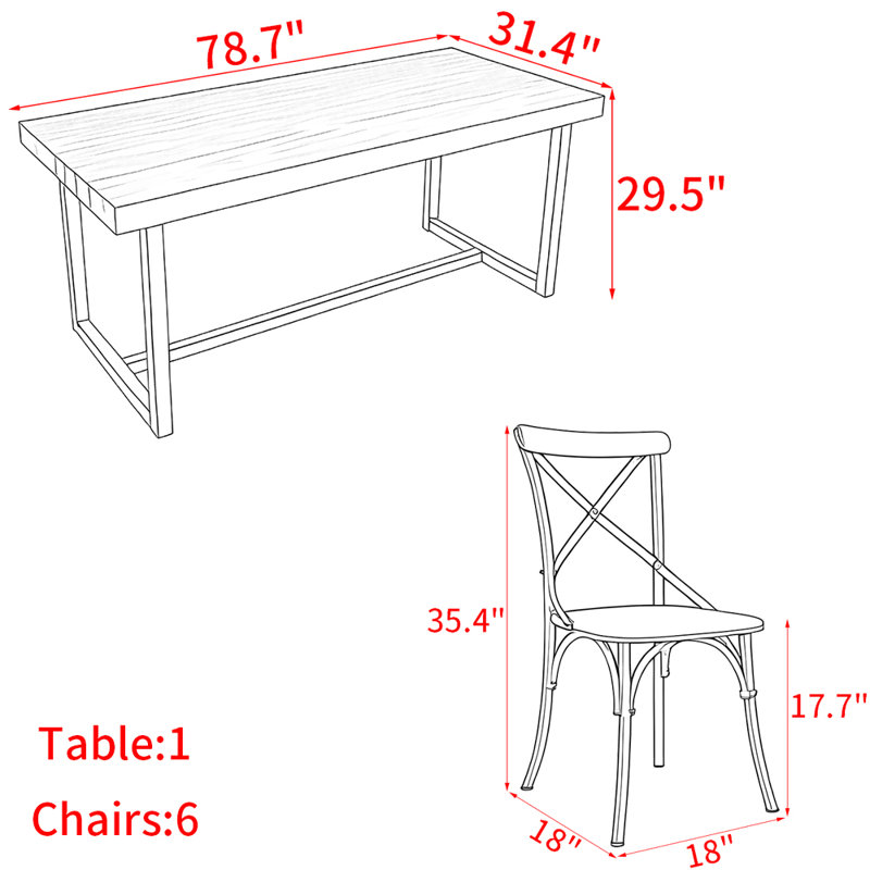 Ensemble de table moderne simple en bois massif et fer, H 29,5 po x L 78,7 po x l 31,4 po