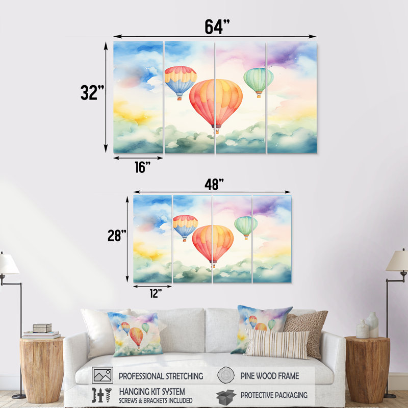 Aquarelle verte et rouge montgolfière Horizon III - montgolfière, 4 pièces, décoration murale, H 32 po x l 64 po