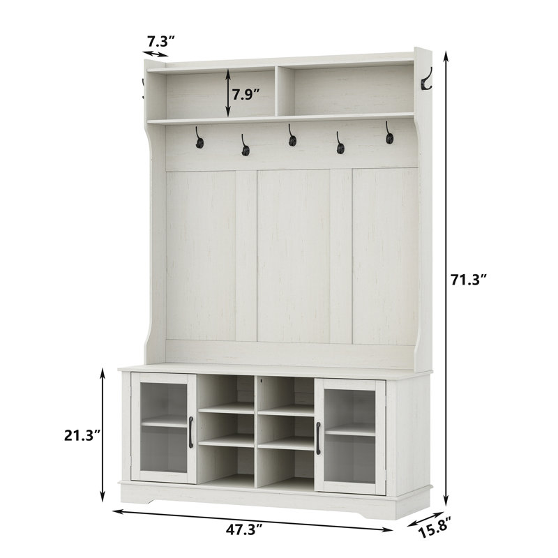 Jaxsin Hall Tree 47.3" Wide with Bench and Shoe Storage,4-in-1 Design Coat Rack for Entryway,Antique White, Antique White