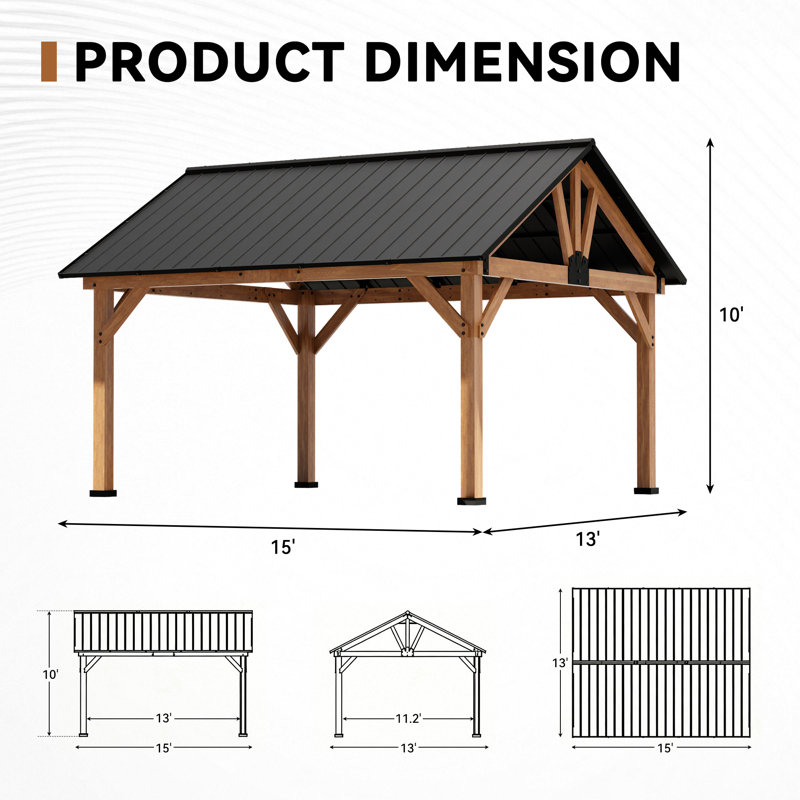 Joyside 15 Ft. W x 13 Ft. D Outdoor Solid Wood Gazebo,Hardtop Gazebo with Galvanized Steel Roof,for Patio, Garden, Deck