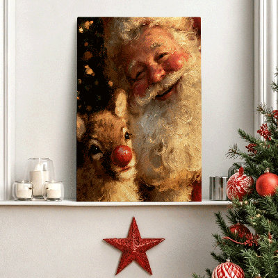 Tableau sur toile de style ferme vintage représentant le père Noël et Rudolph, monté sur châssis, pour salon, 90 x 60 x 2 cm (36 x 24 pouces)