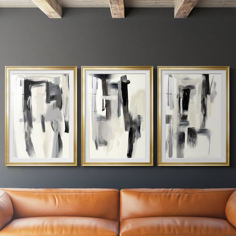 ABSTRACT Series DCC-III - Impression encadrée sur mesure de qualité supérieure - 3 pièces, H 30 po x l 63 po, Doré