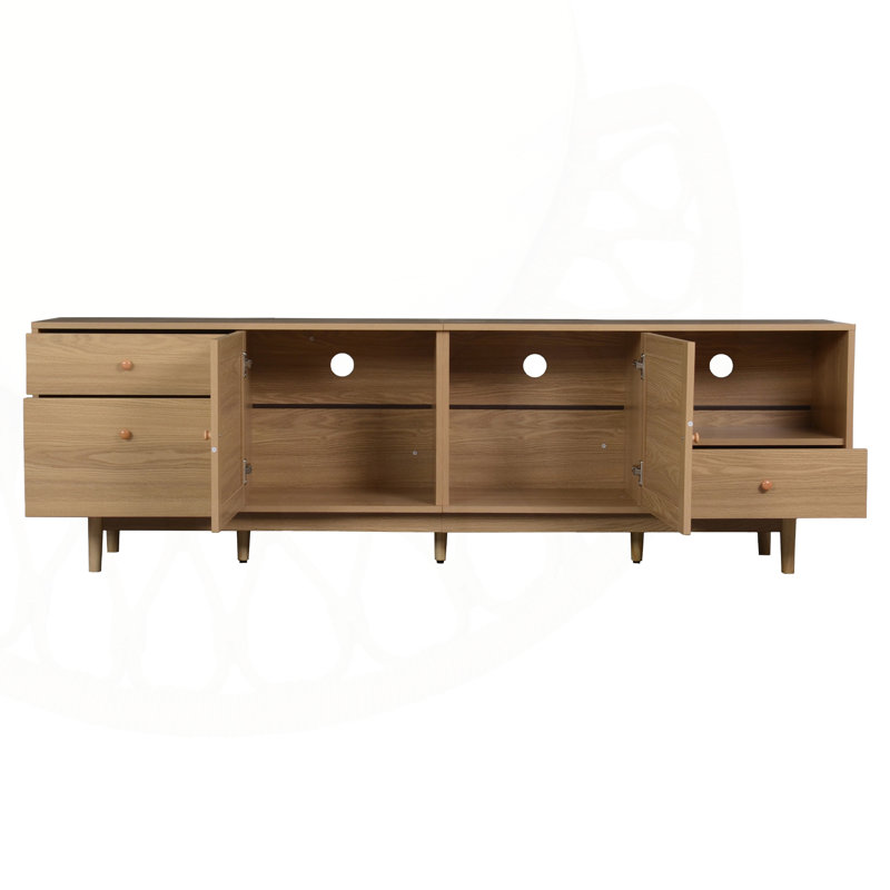 Modern Wood Media TV Console With Real Rattan, Open Storage And Drawers For 65 To 85 Inch Tvs, Bohemian Design