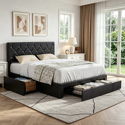 Structure de lit moderne en cuir synthétique avec tête de lit capitonnée réglable