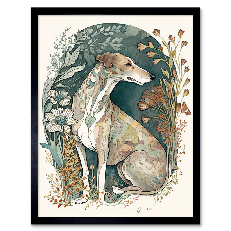 Greyhound Dog In Flower Field Modern Pastel Boho Watercolour - Single Picture Frame Print